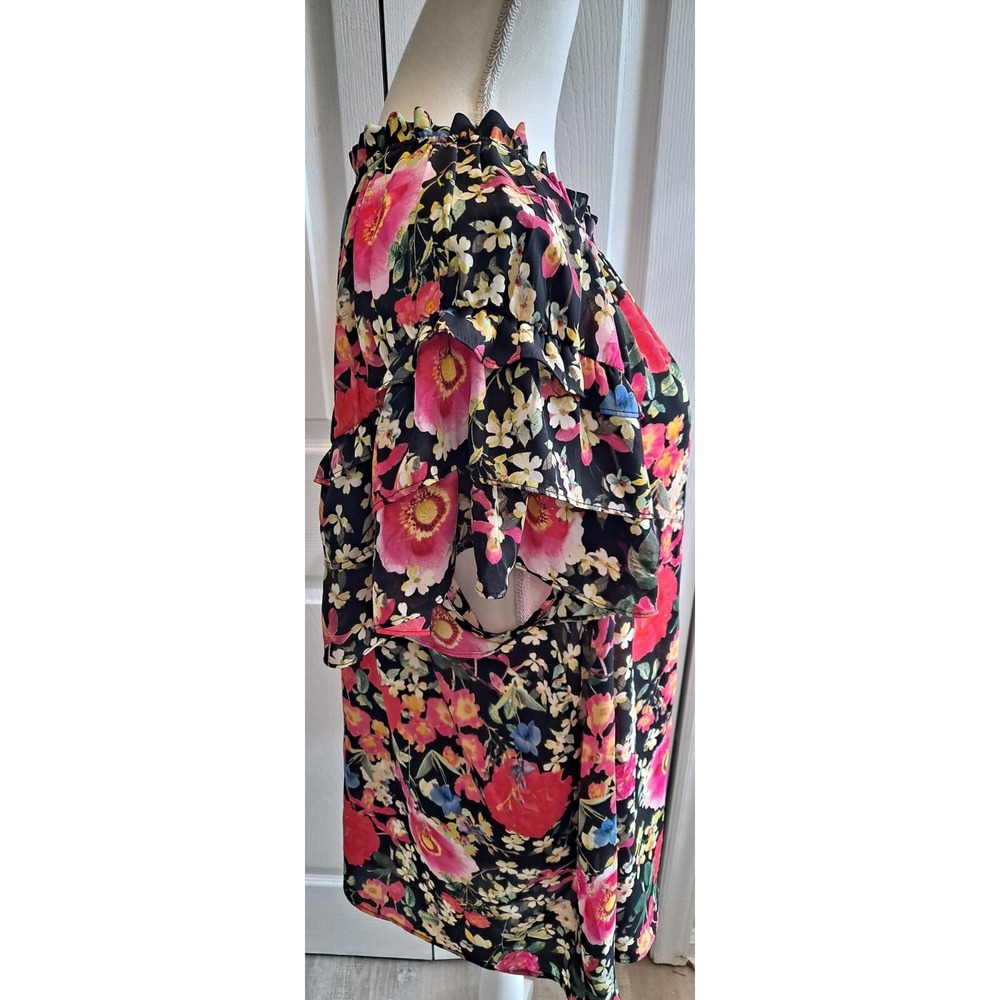 3XL Rose+Olive Black Floral‎ Ruffel Short Sleeve Top With Tassel Tie - Picture 3 of 7
